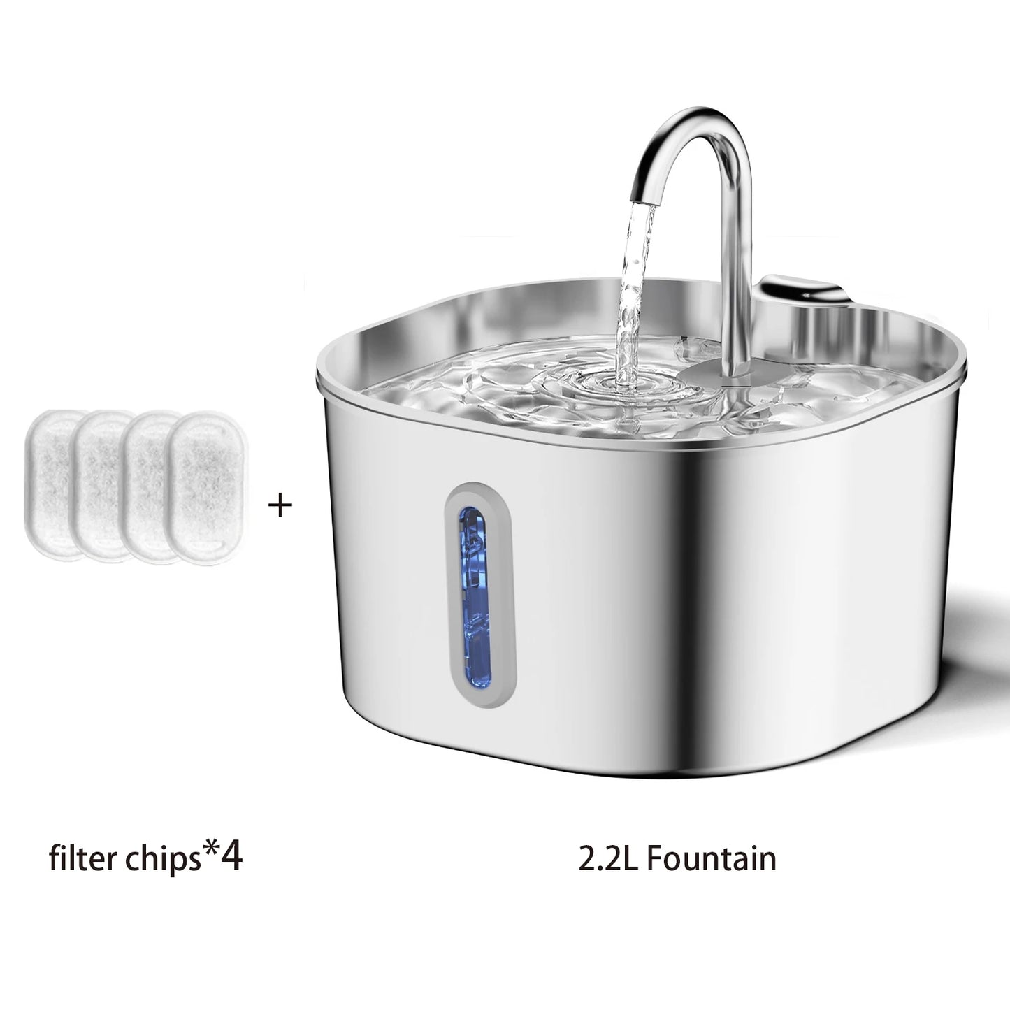 2.2L Automatic Cat Water Fountain Square Stainless Steel Pet Water Feeder Dog Water Fountain with Window(No 5V 1A Plug)