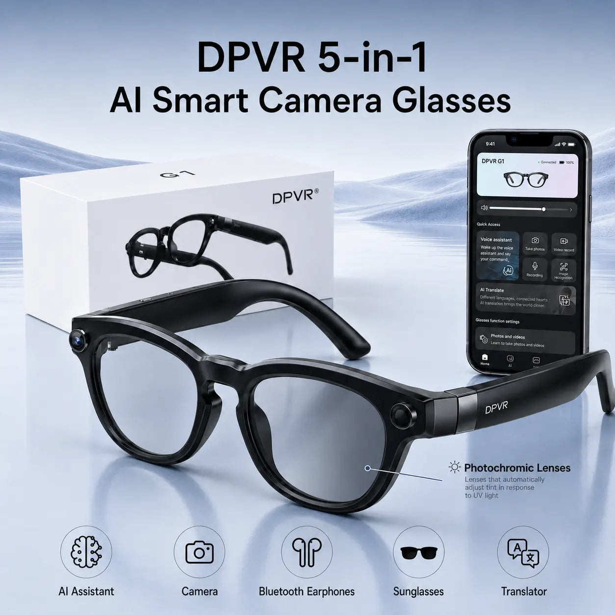 DPVR G1 Smart AI Glasses - Wearable Smart Glasses with 141-Language Translation, Smart Image Recognition, 1080P Offline Video Recording for Everyday Moments, Photochromic Lenses, Never Miss a Great Moment Again Camera BT, Ideal Father