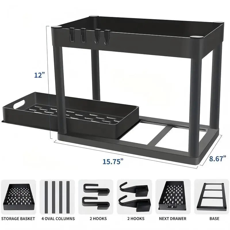 2PC Black 2-Tier Sliding under Sink Organizer Rack with Drawer & 4 Hooks, Multi-Purpose Storage for Bathroom & Kitchen