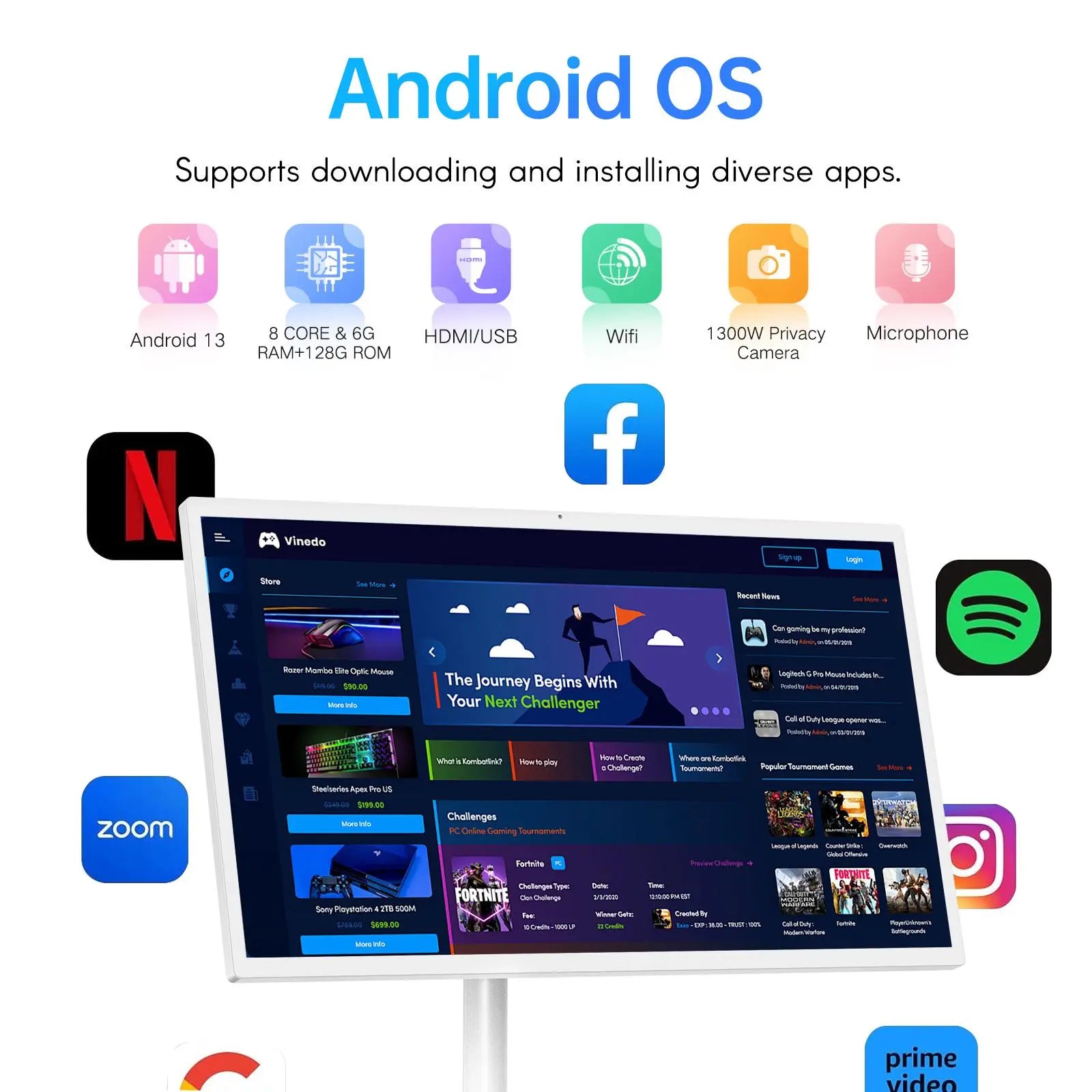 MWE 32" Portable Smart Display with Wheels, 2K Touchscreen, Android System, 8H Battery Life, Remote Controltype-C/Usb/Hdm Connectivity