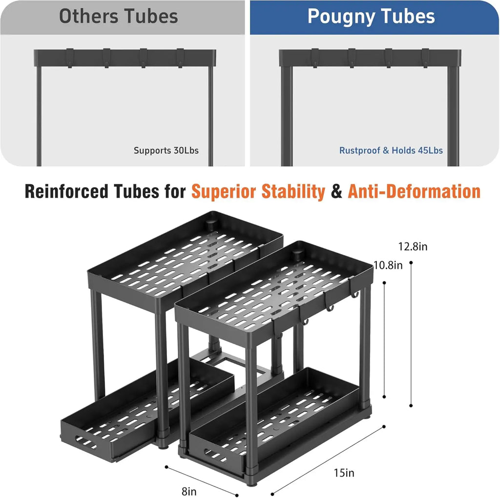 2PC Black 2-Tier Sliding under Sink Organizer Rack with Drawer & 4 Hooks, Multi-Purpose Storage for Bathroom & Kitchen