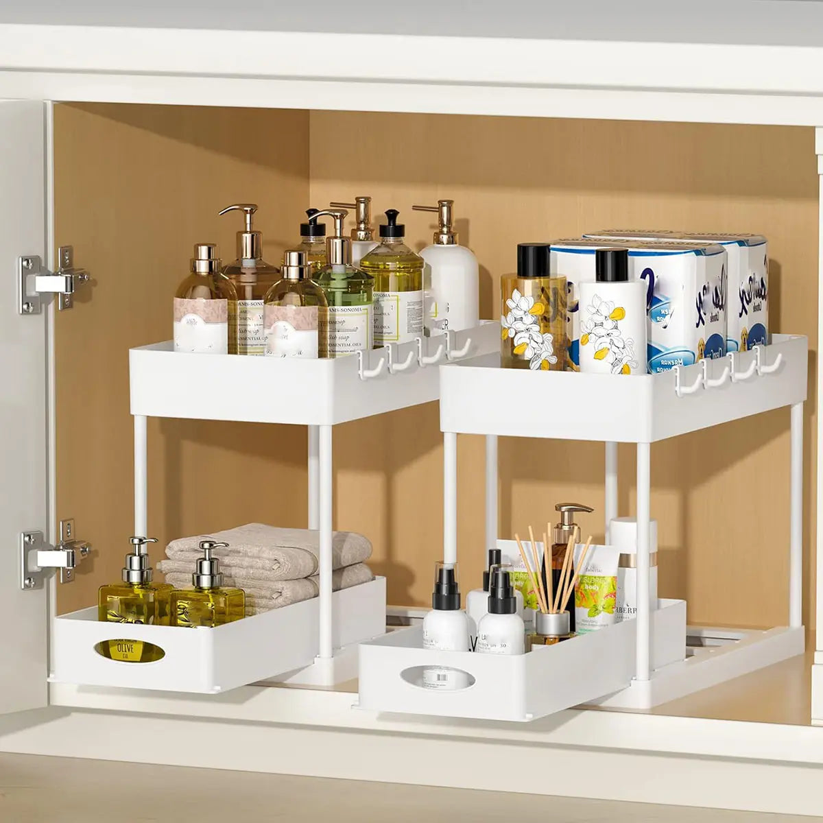 2PC Black 2-Tier Sliding under Sink Organizer Rack with Drawer & 4 Hooks, Multi-Purpose Storage for Bathroom & Kitchen