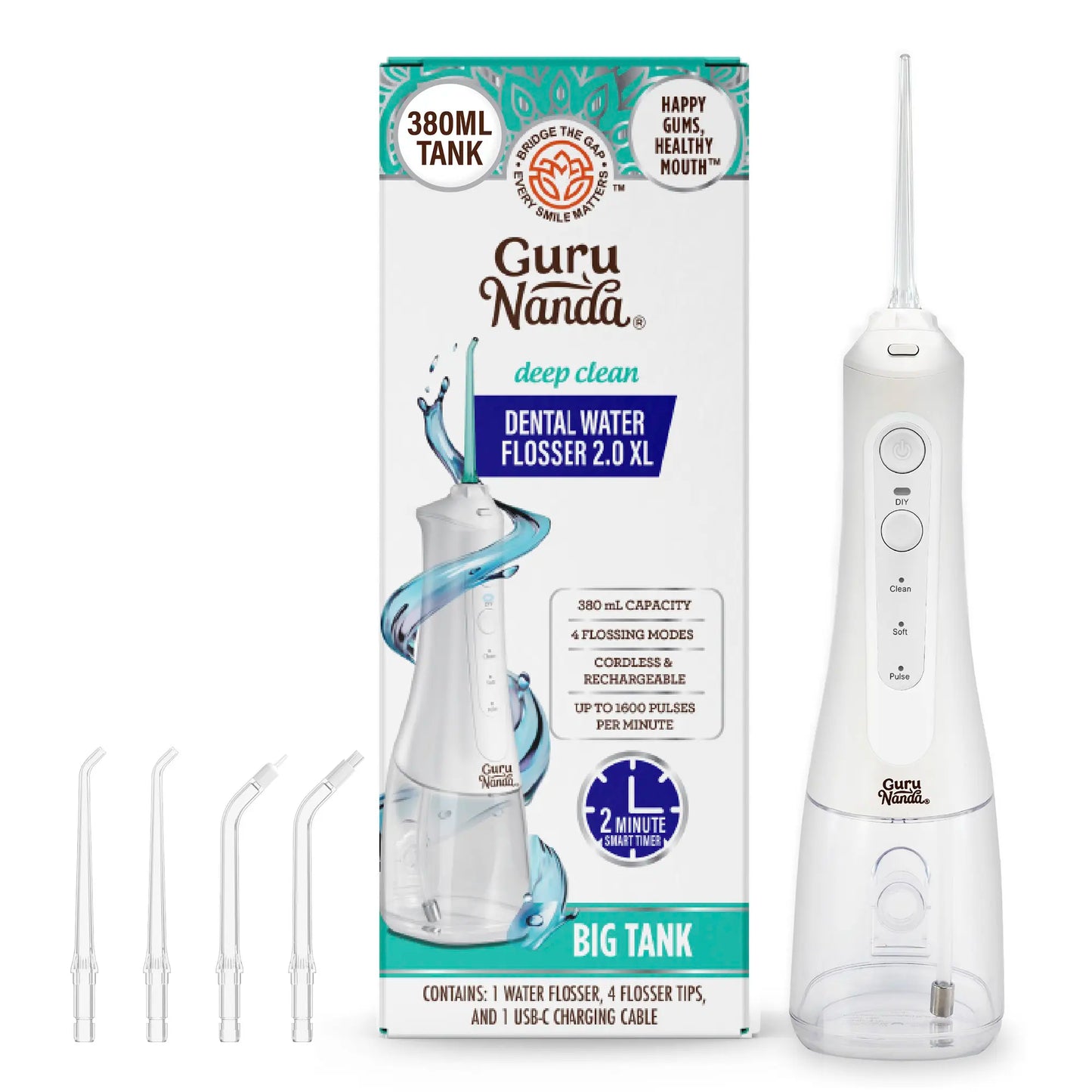 Gurunanda Water Dental Flosser 2.0 XL, 4 Flossing Modes, Cordless & Portable with Smart Timer for Deep Cleaning, 380 Ml