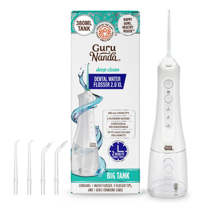 Gurunanda Water Dental Flosser 2.0 XL, 4 Flossing Modes, Cordless & Portable with Smart Timer for Deep Cleaning, 380 Ml