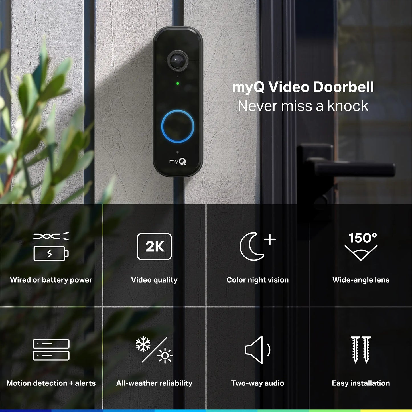 Myq Video Doorbell | 2K Camera, Battery/Wired, Color Night Vision, Live View with 2-Way Talk, Motion Detection & Real-Time Alerts, 150 Deg Wide View, Black