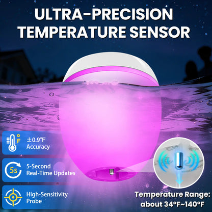Floating Pool Speaker 3-In-1 with Digital Water Thermometer, IP68 Waterproof TWS Speaker Color LED Lights for Pool Hot Tub Spa, White