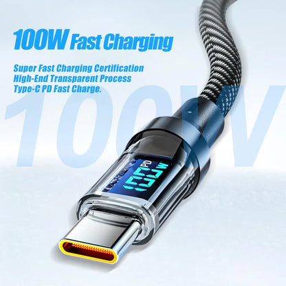 100W PD Fast Charging Type-C Data Cable with Intelligent Digital Display, Durable Nylon Braided Design for iPhone 15 & Android Devices