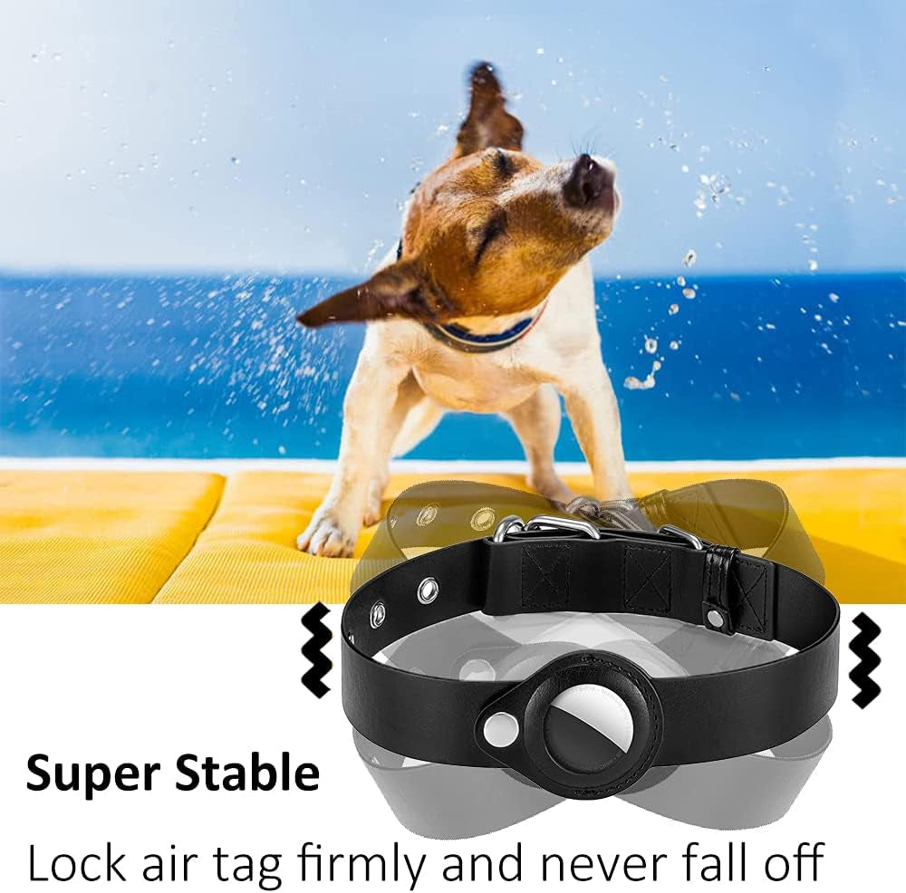 Dog Collar with Air Tag Holder, Leather Air Tag Holder Dog Collar, Adjustable Air Tag Dog Collar Holder Anti-Lost Air Tag Collar for Dogs (Black)