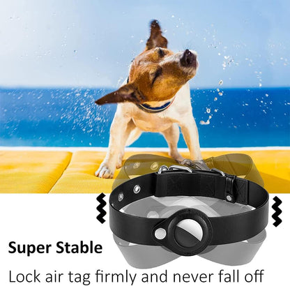 Dog Collar with Air Tag Holder, Leather Air Tag Holder Dog Collar, Adjustable Air Tag Dog Collar Holder Anti-Lost Air Tag Collar for Dogs (Black)