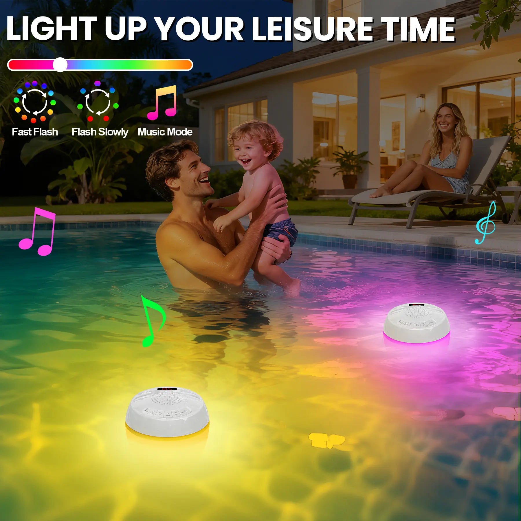 Floating Pool Speaker 3-In-1 with Digital Water Thermometer, IP68 Waterproof TWS Speaker Color LED Lights for Pool Hot Tub Spa, White