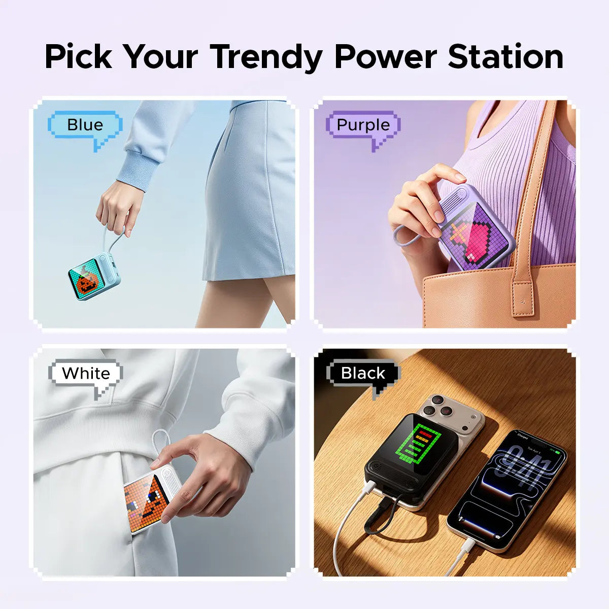 ORICO Mini DIY Pixel Screen Power Bank with Integrated Cable, 25W Fast Charging, and Custom Pixel Art Display – 10000Mah Compact Battery for Iphone & Android-Pc