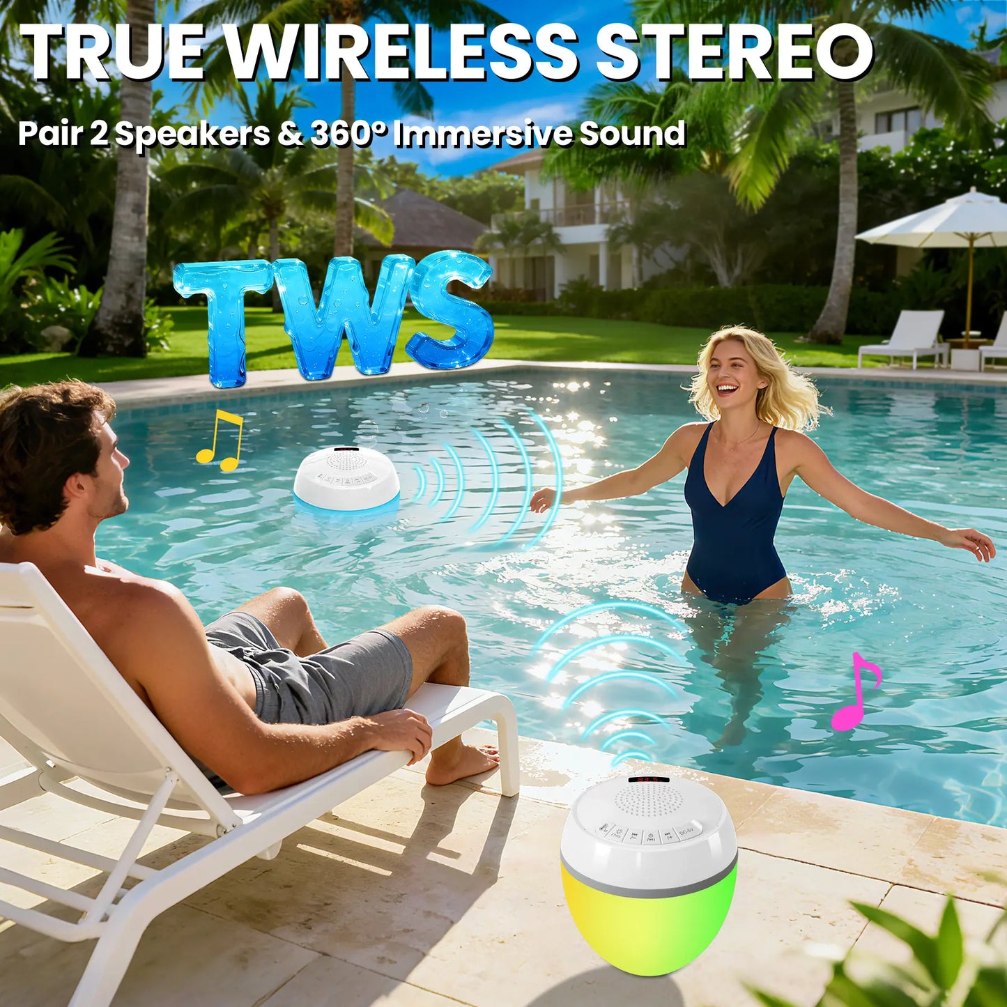 Floating Pool Speaker 3-In-1 with Digital Water Thermometer, IP68 Waterproof TWS Speaker Color LED Lights for Pool Hot Tub Spa, White