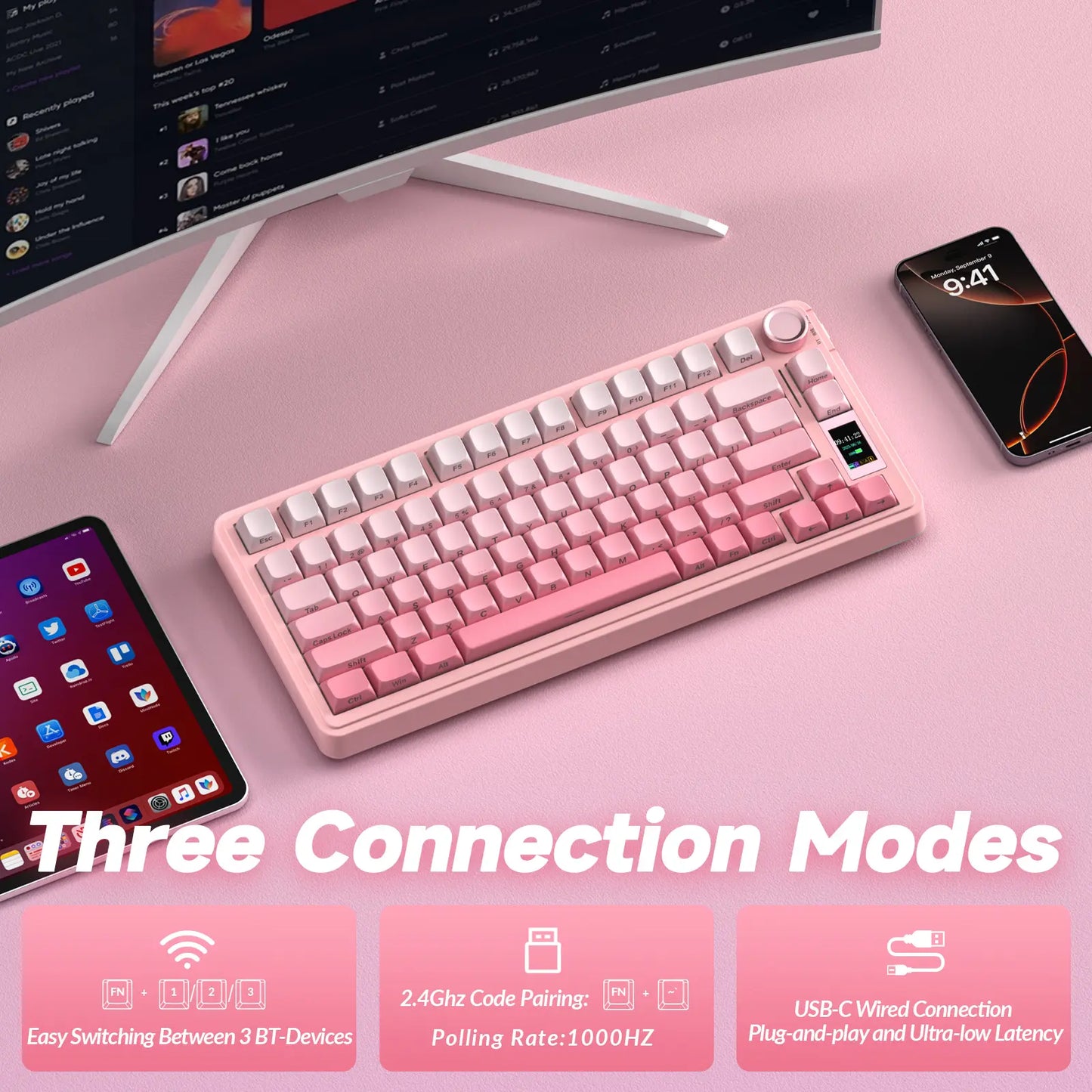 AULA S75 Pro Wireless Mechanical Gaming Keyboard with Screen Knob RGB Rainbow Backlit Tri-Mode 2.4G USB-C Bluetooth5.0 Hot Swappable Gaming Keyboard for Gamers Gaming PC Accessories Creamy Keyboard for Pc/Mac/Linux