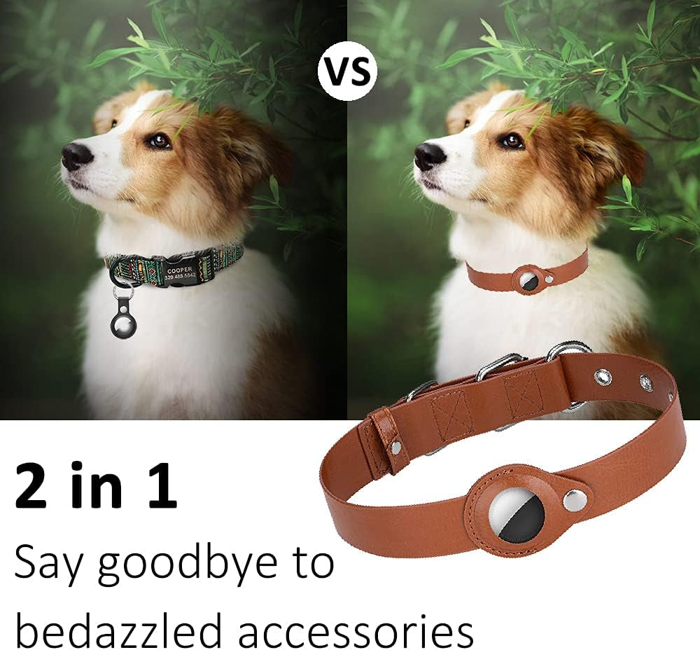Dog Collar with Air Tag Holder, Leather Air Tag Holder Dog Collar, Adjustable Air Tag Dog Collar Holder Anti-Lost Air Tag Collar for Dogs (Black)