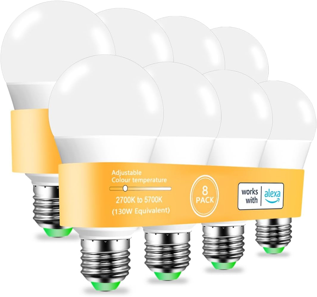 Alexa Light Bulb 130W Equivalent, Smart Light Bulbs Warm White to Daylight Tunable, A19 E26 Bluetooth LED Bulbs Controlled by Brmesh APP and Alexa Only, Timing, Flicker-Free（8 Pack (8)
