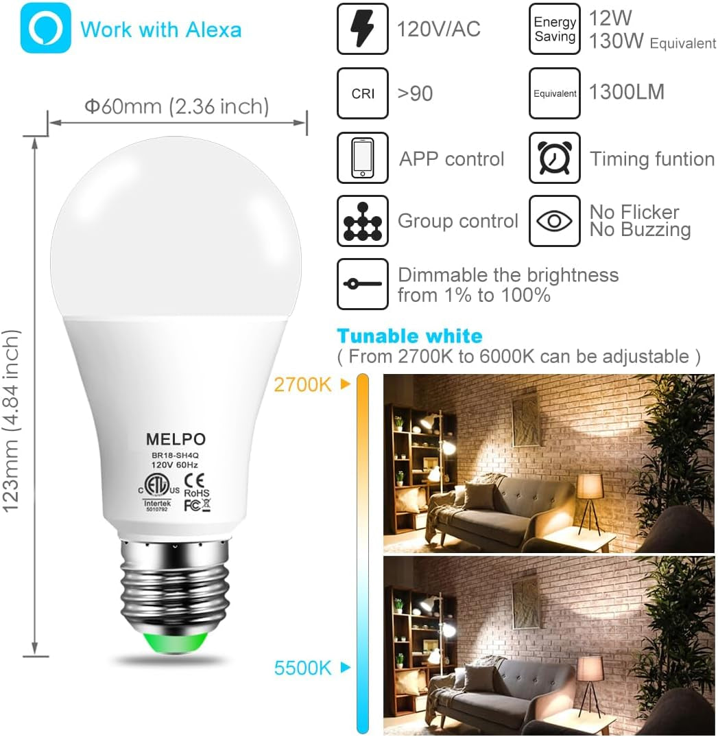 Alexa Light Bulb 130W Equivalent, Smart Light Bulbs Warm White to Daylight Tunable, A19 E26 Bluetooth LED Bulbs Controlled by Brmesh APP and Alexa Only, Timing, Flicker-Free（8 Pack (8)
