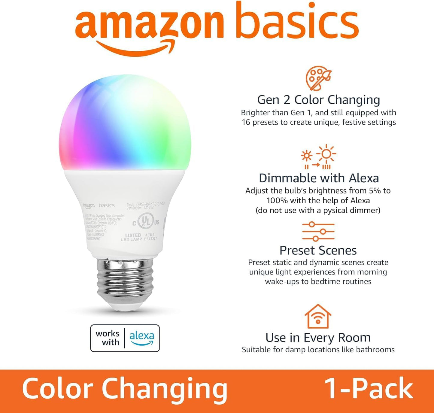 Smart A19 LED Light Bulb, Color Changing, 9W (60W Equivalent), 800LM, Works with Alexa Only, Wifi 2.4 Ghz, No Hub Required, Mood Lighting, Energy Efficient, 1-Pack