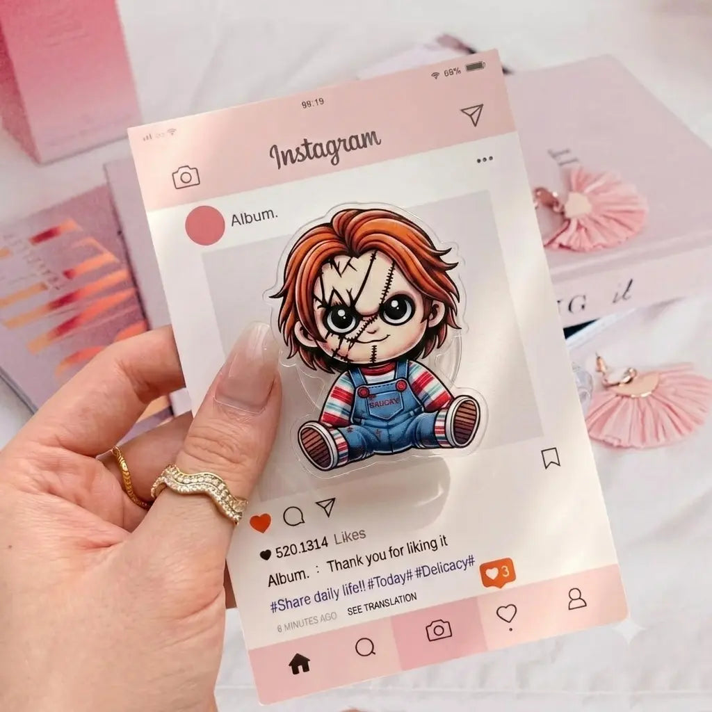 Pack Kawaii Horror Movie Characters Phone Grip Acrylic Griptok - Creepy Cute Slasher Killers Cell Phone Stand Holder, Spooky Halloween Finger Ring Grip Set, Funny Ghost Story Fan Gift for Teens Adults