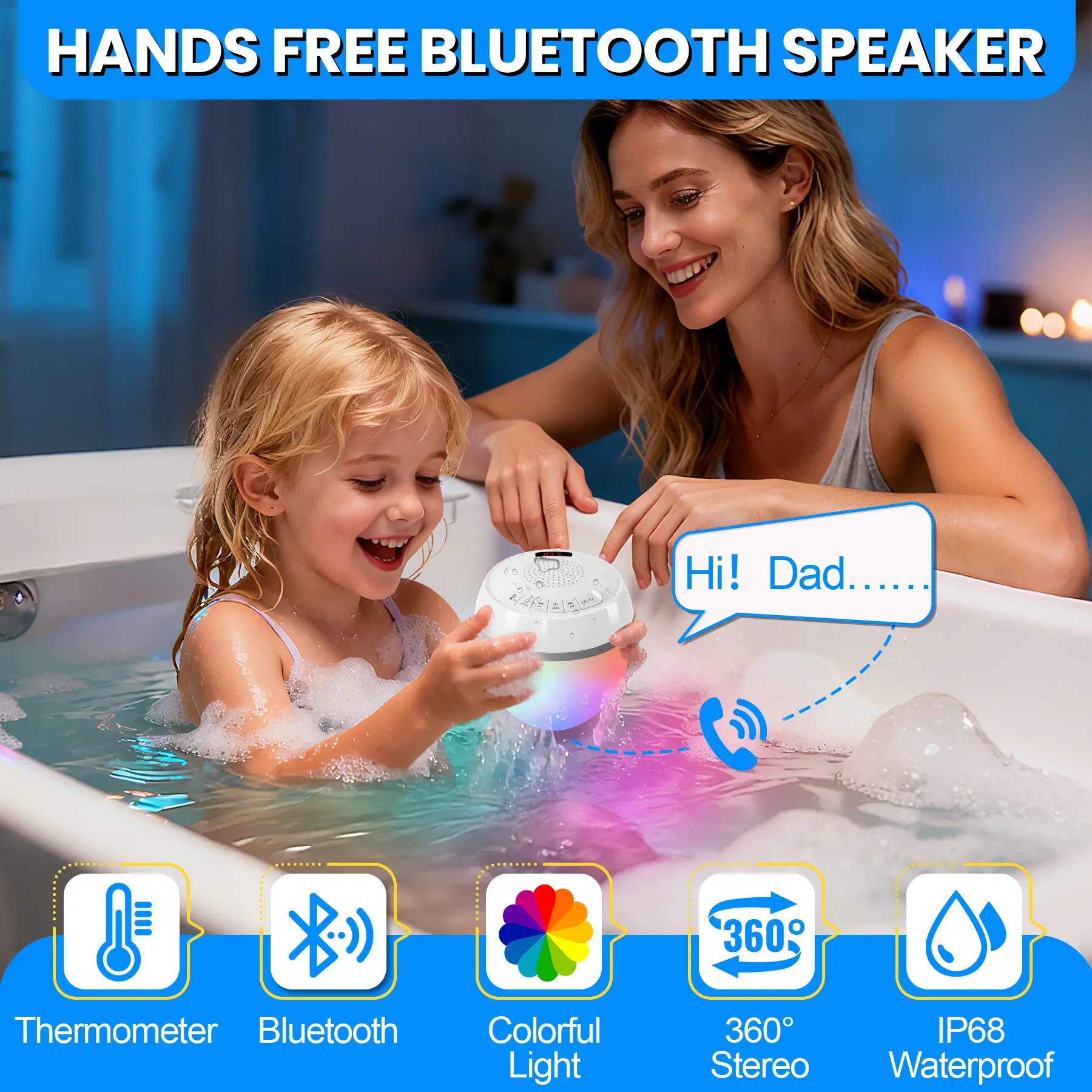 Floating Pool Speaker 3-In-1 with Digital Water Thermometer, IP68 Waterproof TWS Speaker Color LED Lights for Pool Hot Tub Spa, White