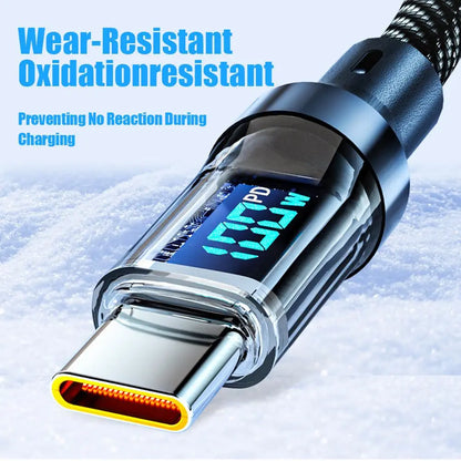 100W PD Fast Charging Type-C Data Cable with Intelligent Digital Display, Durable Nylon Braided Design for iPhone 15 & Android Devices