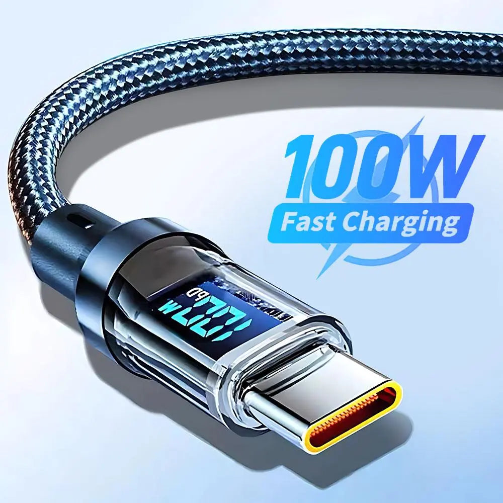 100W PD Fast Charging Type-C Data Cable with Intelligent Digital Display, Durable Nylon Braided Design for iPhone 15 & Android Devices