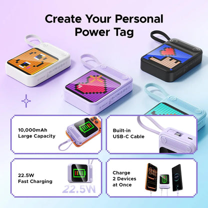ORICO Mini DIY Pixel Screen Power Bank with Integrated Cable, 25W Fast Charging, and Custom Pixel Art Display – 10000Mah Compact Battery for Iphone & Android-Pc