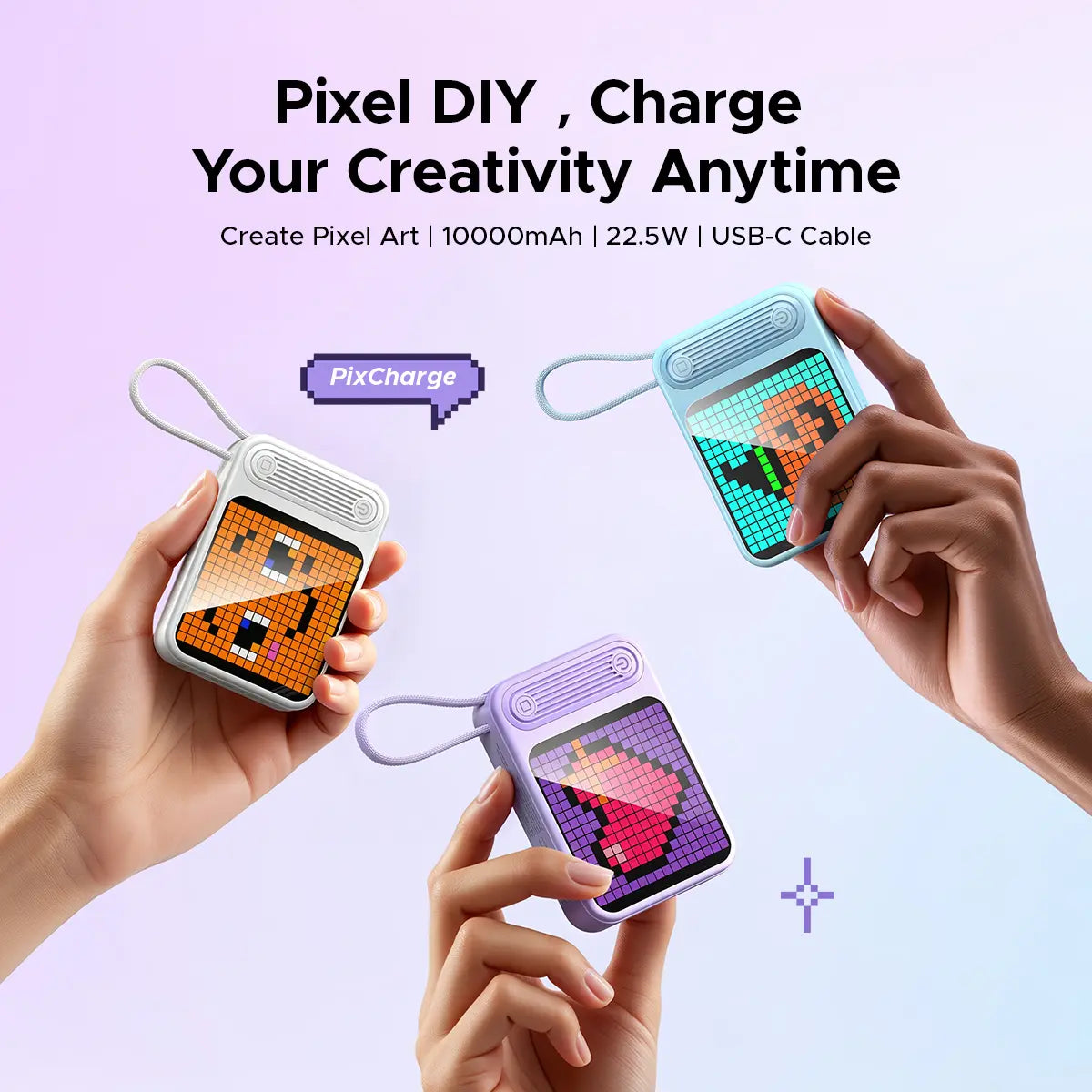 ORICO Mini DIY Pixel Screen Power Bank with Integrated Cable, 25W Fast Charging, and Custom Pixel Art Display – 10000Mah Compact Battery for Iphone & Android-Pc