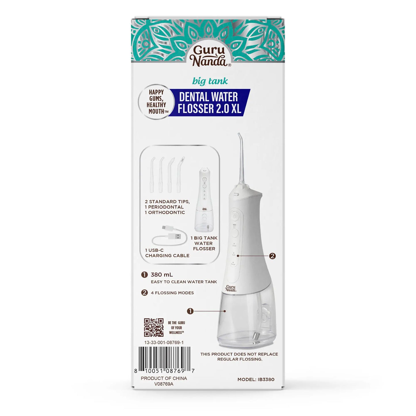 Gurunanda Water Dental Flosser 2.0 XL, 4 Flossing Modes, Cordless & Portable with Smart Timer for Deep Cleaning, 380 Ml