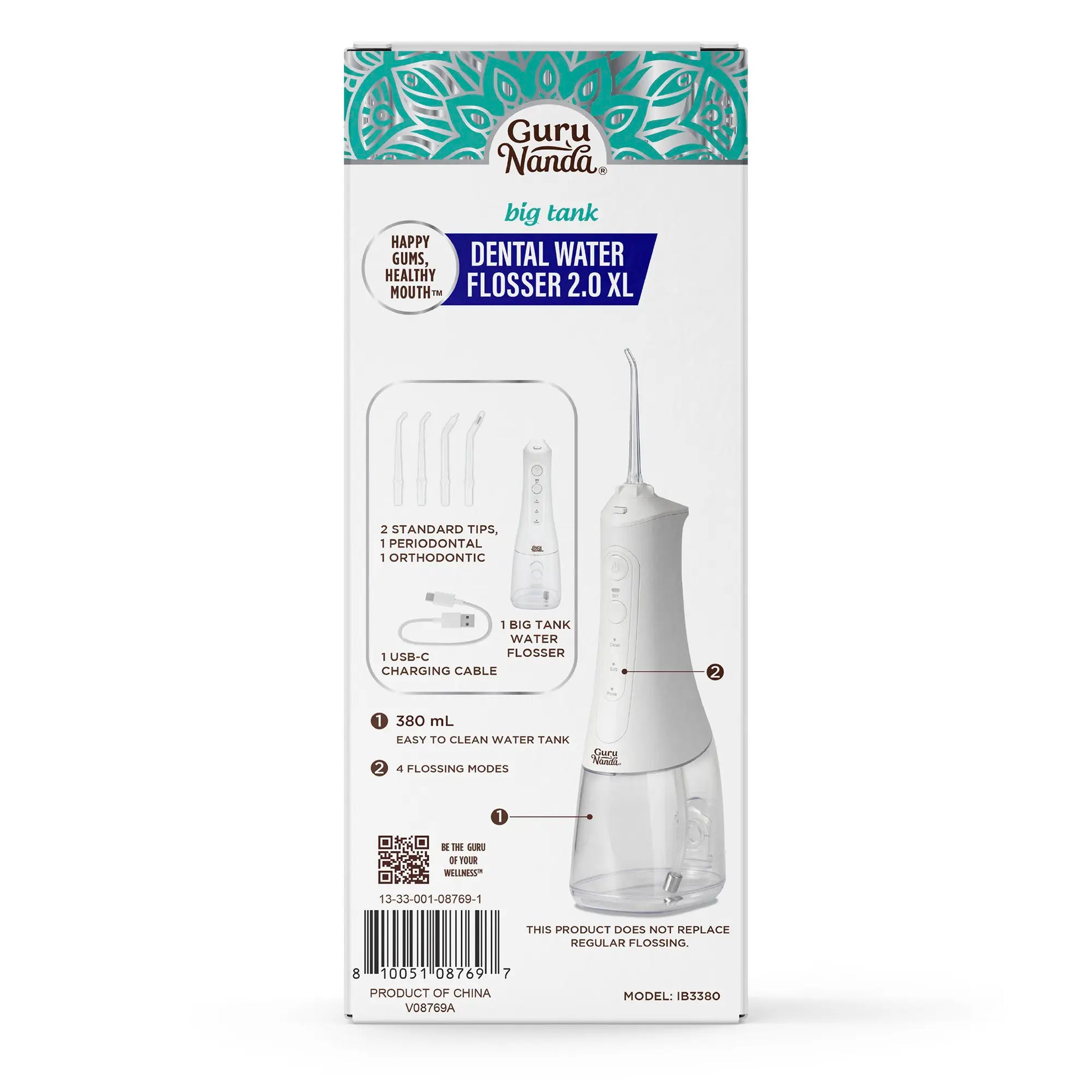 Gurunanda Water Dental Flosser 2.0 XL, 4 Flossing Modes, Cordless & Portable with Smart Timer for Deep Cleaning, 380 Ml