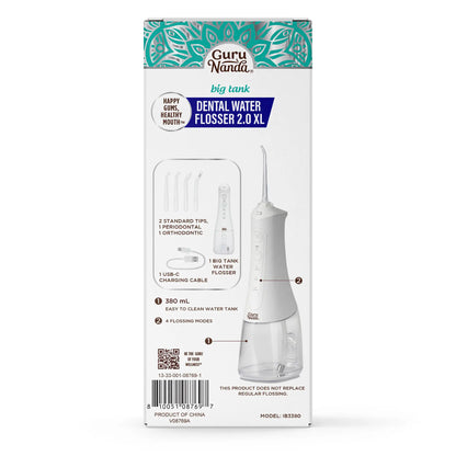 Gurunanda Water Dental Flosser 2.0 XL, 4 Flossing Modes, Cordless & Portable with Smart Timer for Deep Cleaning, 380 Ml