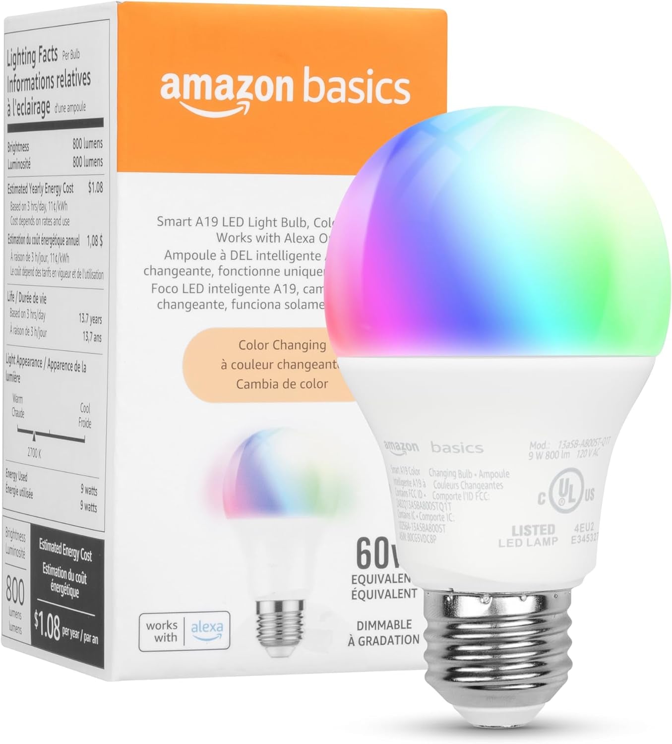 Smart A19 LED Light Bulb, Color Changing, 9W (60W Equivalent), 800LM, Works with Alexa Only, Wifi 2.4 Ghz, No Hub Required, Mood Lighting, Energy Efficient, 1-Pack