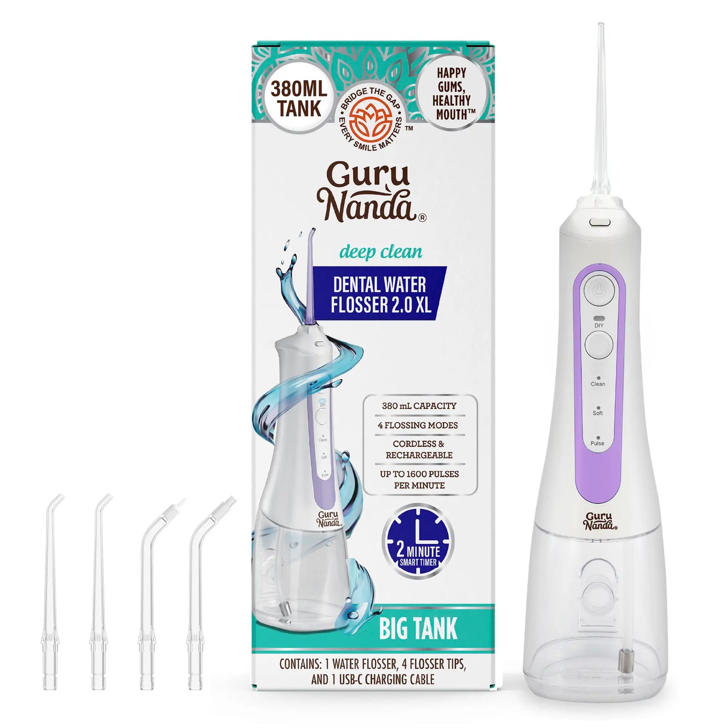 Gurunanda Water Dental Flosser 2.0 XL, 4 Flossing Modes, Cordless & Portable with Smart Timer for Deep Cleaning, 380 Ml