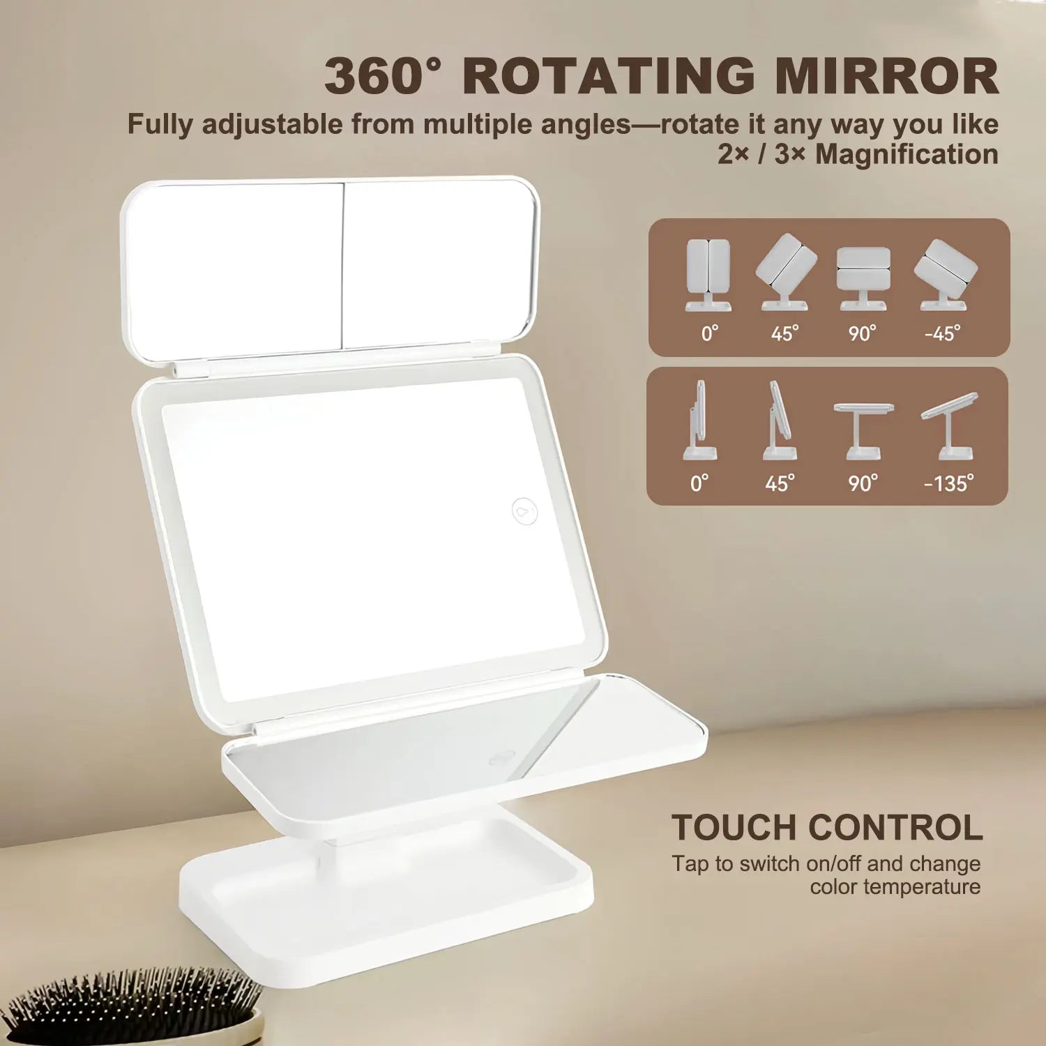 Summervibes Foldable LED Makeup Mirror, 3 Light Modes, 2X/3X HD Magnification, Touch Dimmable, 360° Rotatable, Portable Vanity Mirror, Exquisite Gift Box, Ideal Gift for Mom and Girlfriend