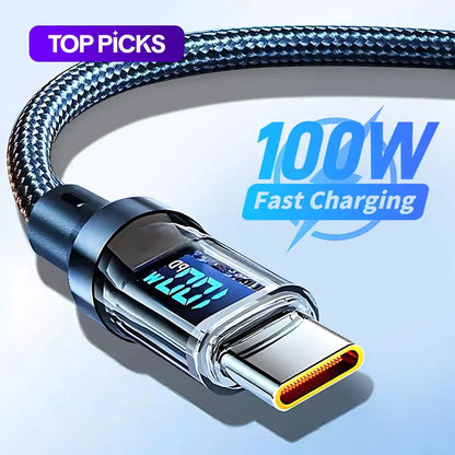 100W PD Fast Charging Type-C Data Cable with Intelligent Digital Display, Durable Nylon Braided Design for iPhone 15 & Android Devices