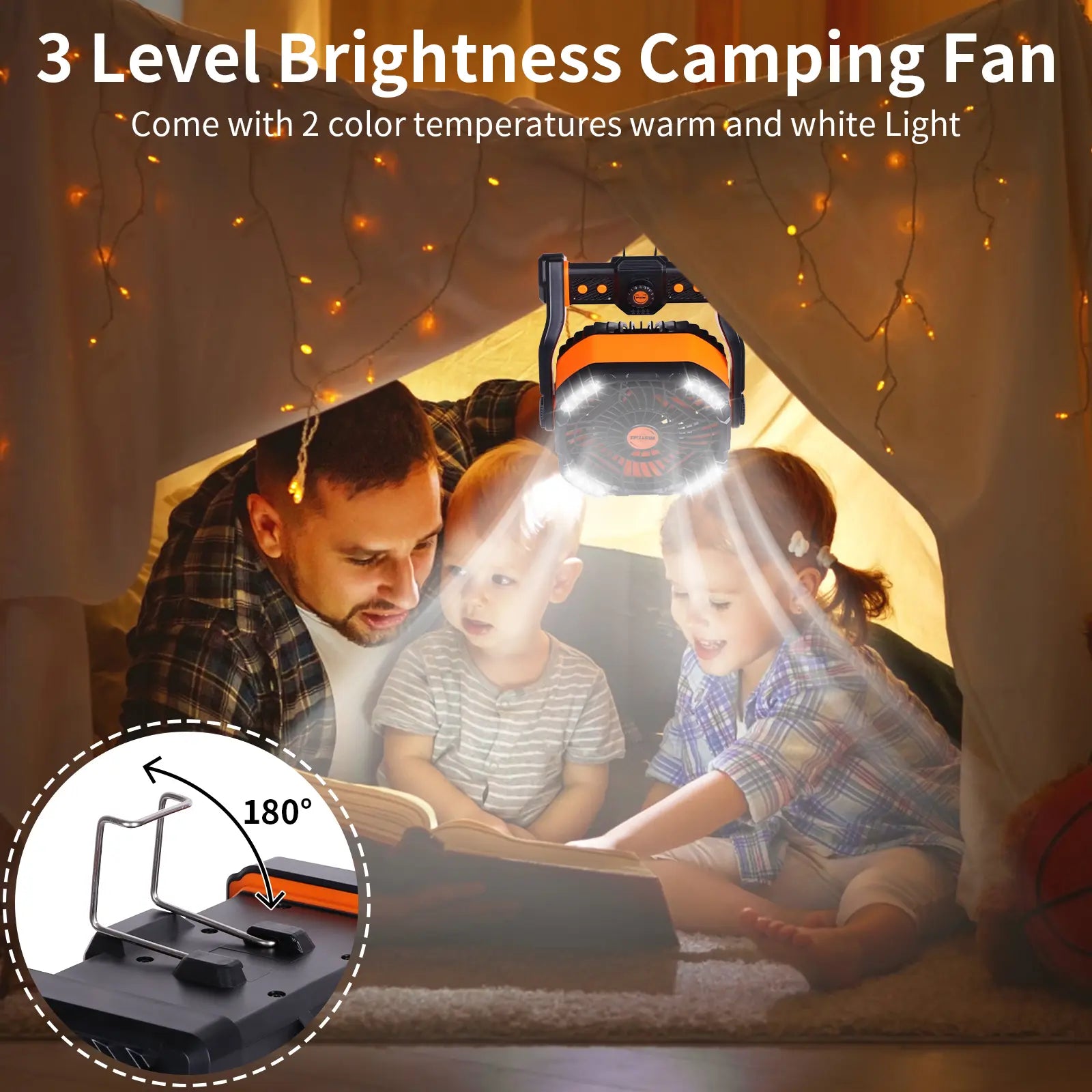 20000Mah Portable Camping Fan - Rechargeable Outdoor Tent Fan with LED Light, USB Port & Hook