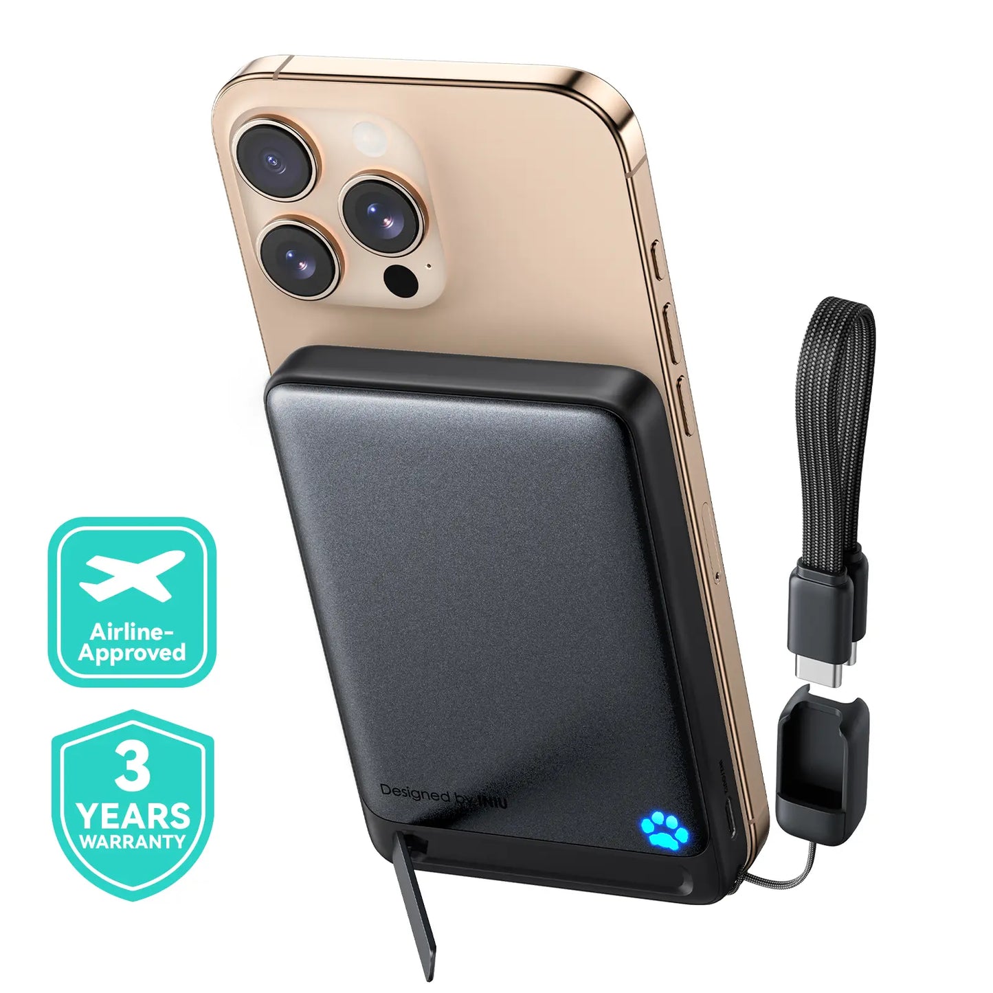 INIU Magfino Qi2 Certified 15W 10000Mah Magnetic Portable Charger with Built-In Foldable Stanｄ, Ultra Slim 45W Fast Charging Power Bank Travel Wireless Metal Battery Pack, Detachable Lanyard USB C Cable Phone Charger for Iphone 17 16 15 14 13 12 Series,Su