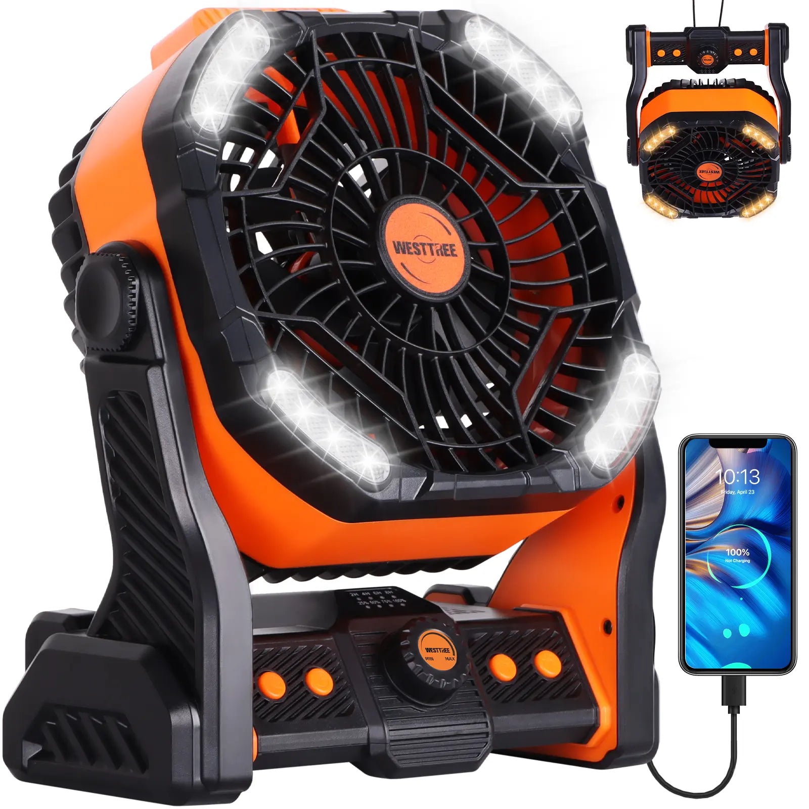 20000Mah Portable Camping Fan - Rechargeable Outdoor Tent Fan with LED Light, USB Port & Hook