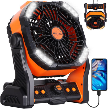 20000Mah Portable Camping Fan - Rechargeable Outdoor Tent Fan with LED Light, USB Port & Hook