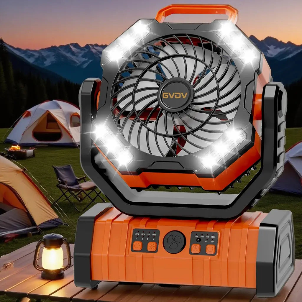 GVDV Camping Fan, Upgraded 30000Mah Portable Battery Operated Outdoor Fan with LED Lights & Remote Control, Personal Rechargeable Desk Fan for Travel, Hiking, Fishing, Picnic, Orange Summerwins