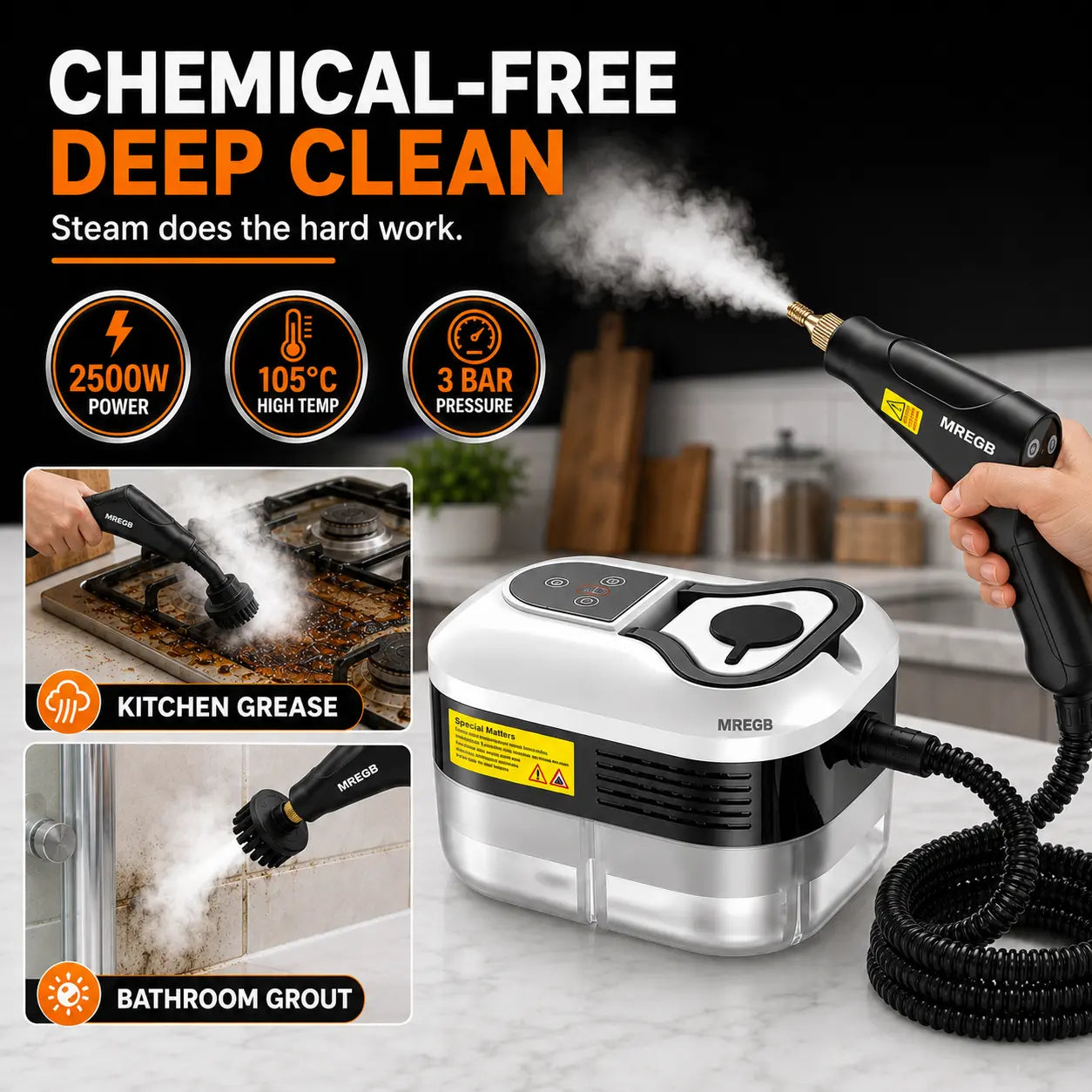 MREGB Handheld Steam Cleaner High-Temperature Pressurized Portable Steamer Fast Heat-Up Deep Cleaning Tool with Accessories for Car Detailing Kitchen Grease Bathroom Tile Floor Multi Surface Home Appliance Wash Equipment Summervibes☀️