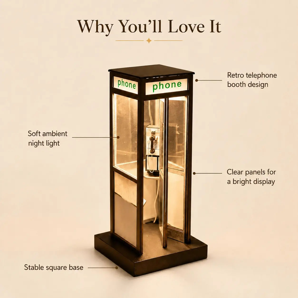 Retro Telephone Booth Lamp, Creative Bedside Night Light for Bedroom, Desk, Living Room, Cozy Home Decor & Gift