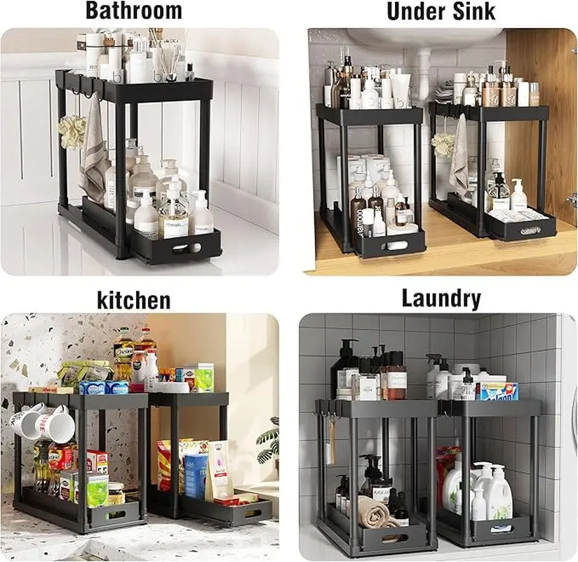 2PC Black 2-Tier Sliding under Sink Organizer Rack with Drawer & 4 Hooks, Multi-Purpose Storage for Bathroom & Kitchen