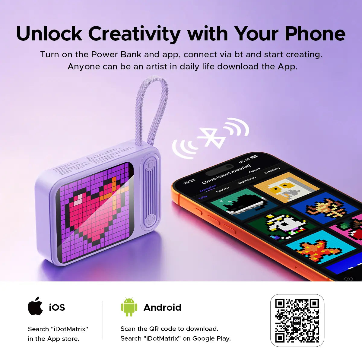 ORICO Mini DIY Pixel Screen Power Bank with Integrated Cable, 25W Fast Charging, and Custom Pixel Art Display – 10000Mah Compact Battery for Iphone & Android-Pc