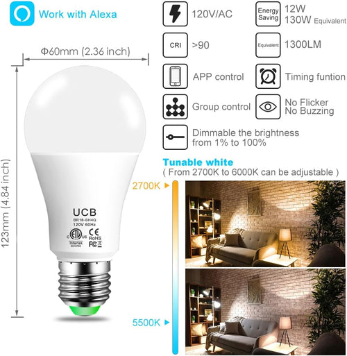 Alexa Light Bulb 1300LM, 12W Smart Light Bulbs Warm White to Daylight Tunable, A19 E26 Bluetooth LED Bulbs for Bedroom Kitchen Living Room Office（12 Pack）