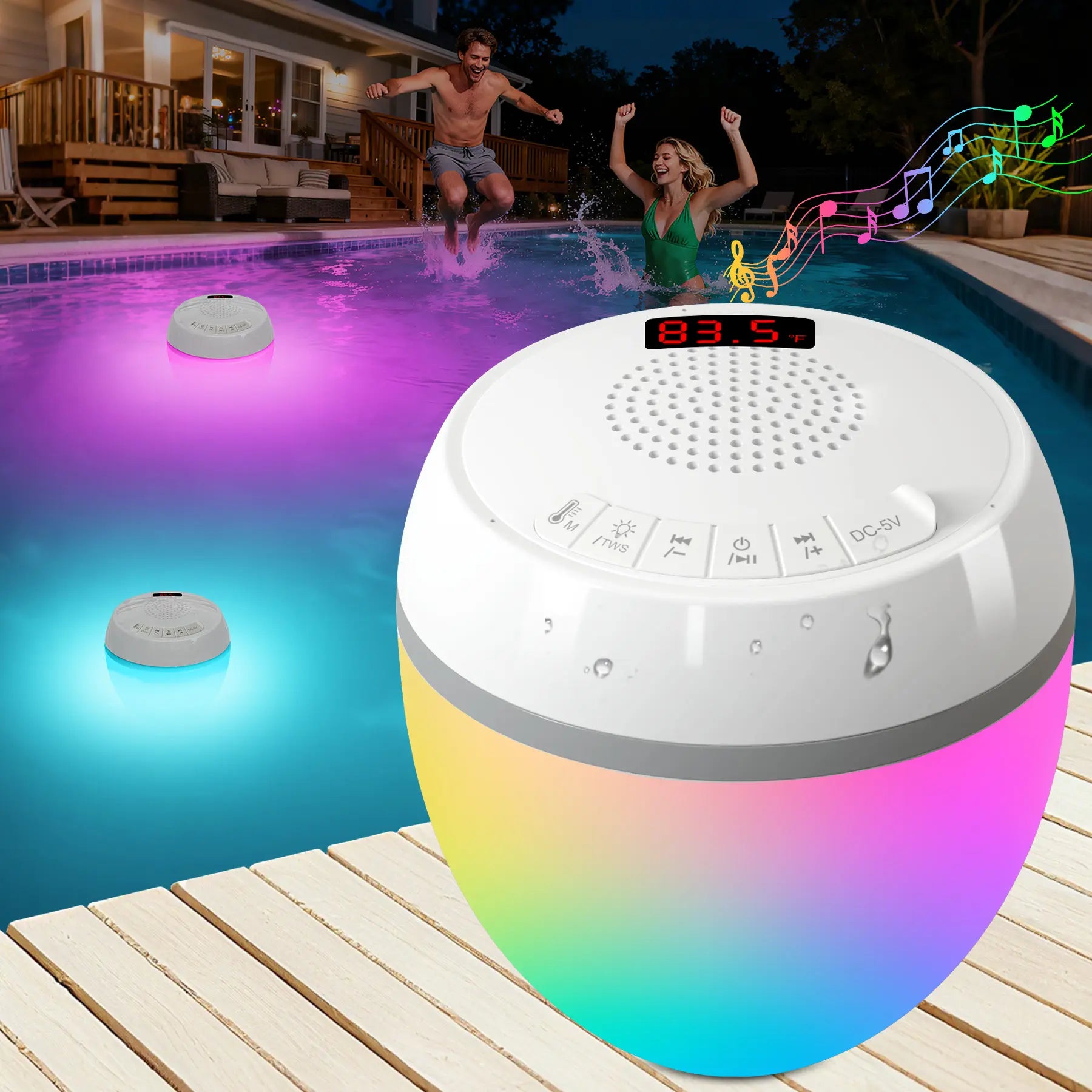 Floating Pool Speaker 3-In-1 with Digital Water Thermometer, IP68 Waterproof TWS Speaker Color LED Lights for Pool Hot Tub Spa, White