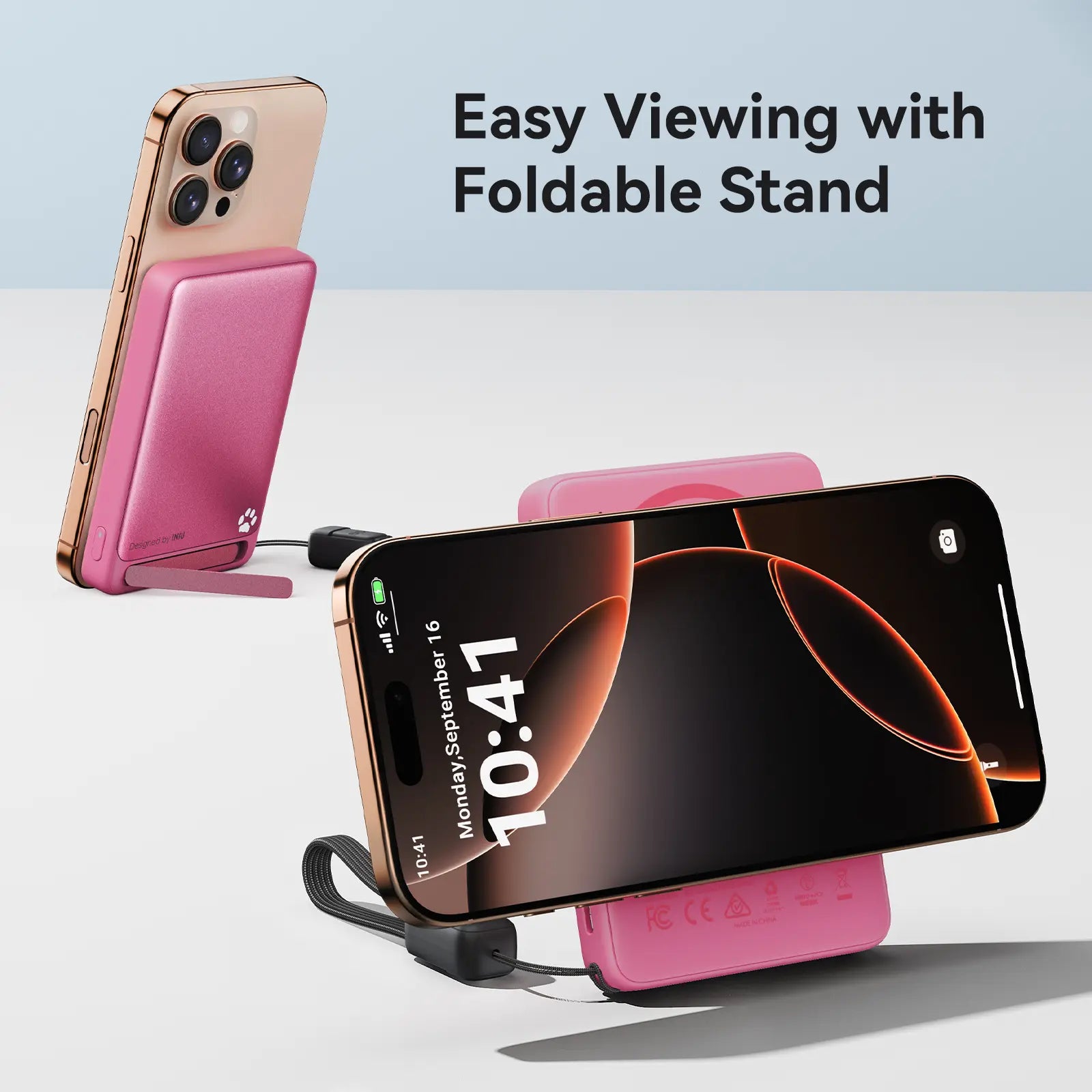 INIU Magfino Qi2 Certified 15W 10000Mah Magnetic Portable Charger with Built-In Foldable Stanｄ, Ultra Slim 45W Fast Charging Power Bank Travel Wireless Metal Battery Pack, Detachable Lanyard USB C Cable Phone Charger for Iphone 17 16 15 14 13 12 Series,Su