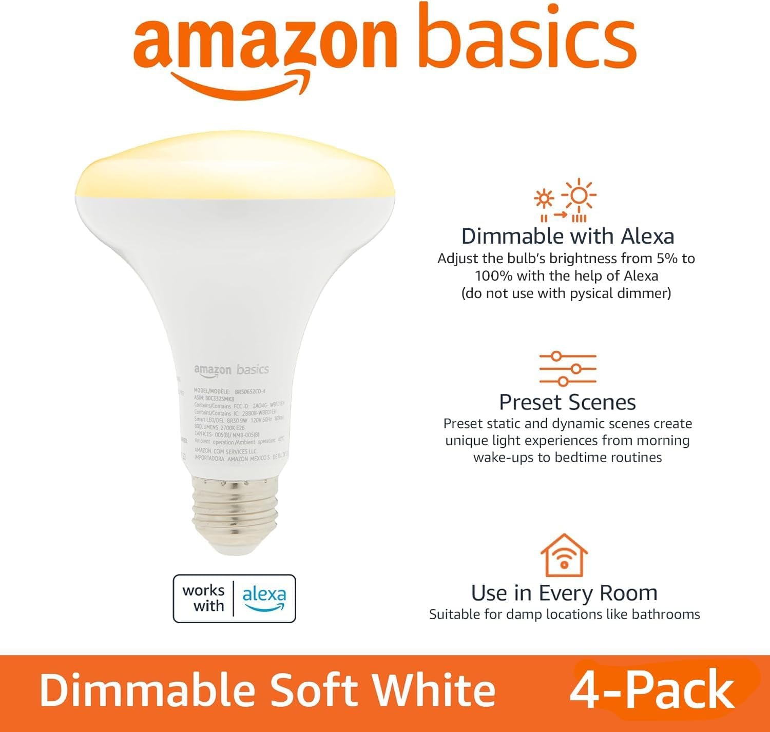 Smart BR30 LED Light Bulbs for Bedroom Living Room, Dimmable Soft White (2700K), 9W (60W Equivalent), 800LM, Voice Control, Works with Alexa Only, 2.4 Ghz Wi-Fi, No Hub Required, 4-Pack