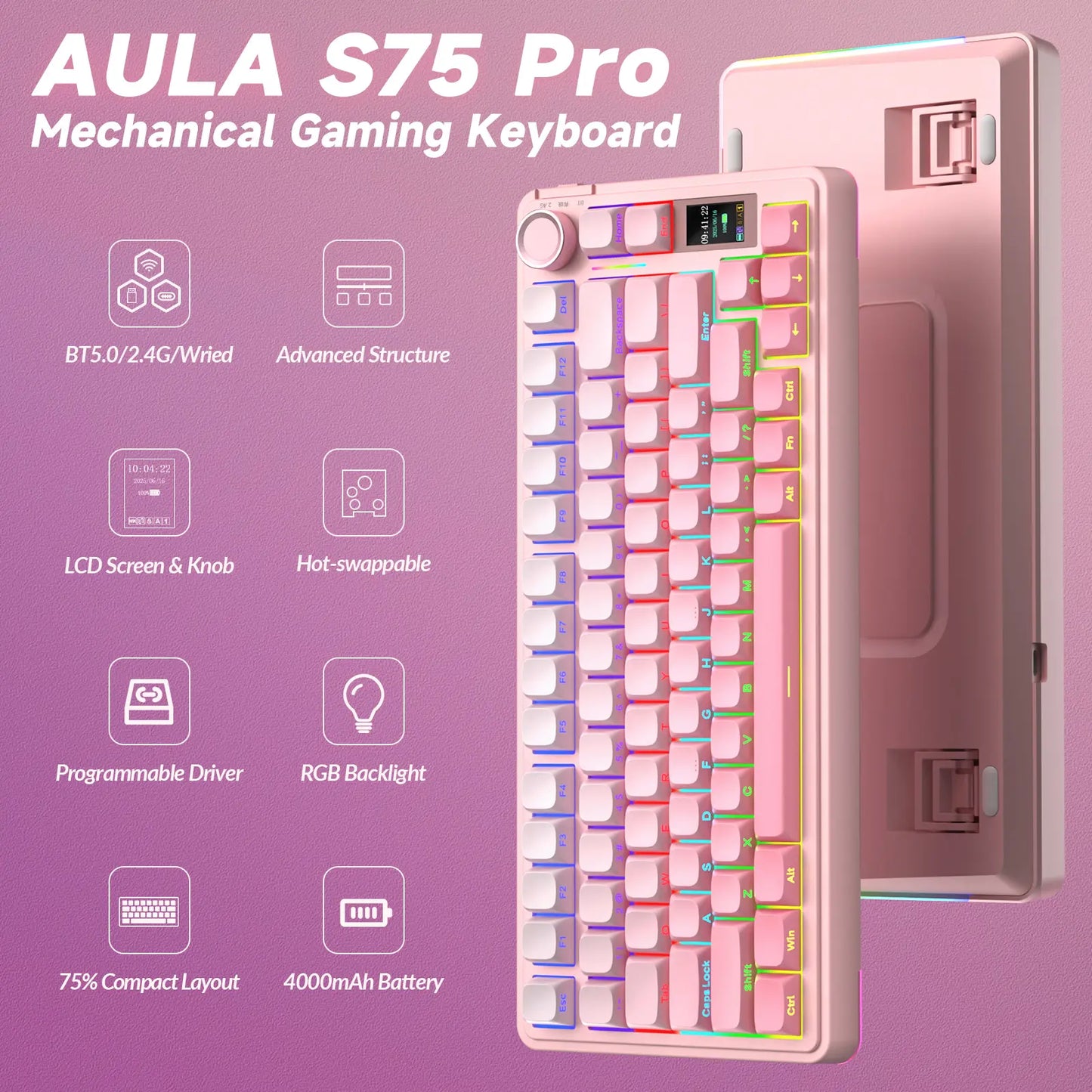 AULA S75 Pro Wireless Mechanical Gaming Keyboard with Screen Knob RGB Rainbow Backlit Tri-Mode 2.4G USB-C Bluetooth5.0 Hot Swappable Gaming Keyboard for Gamers Gaming PC Accessories Creamy Keyboard for Pc/Mac/Linux