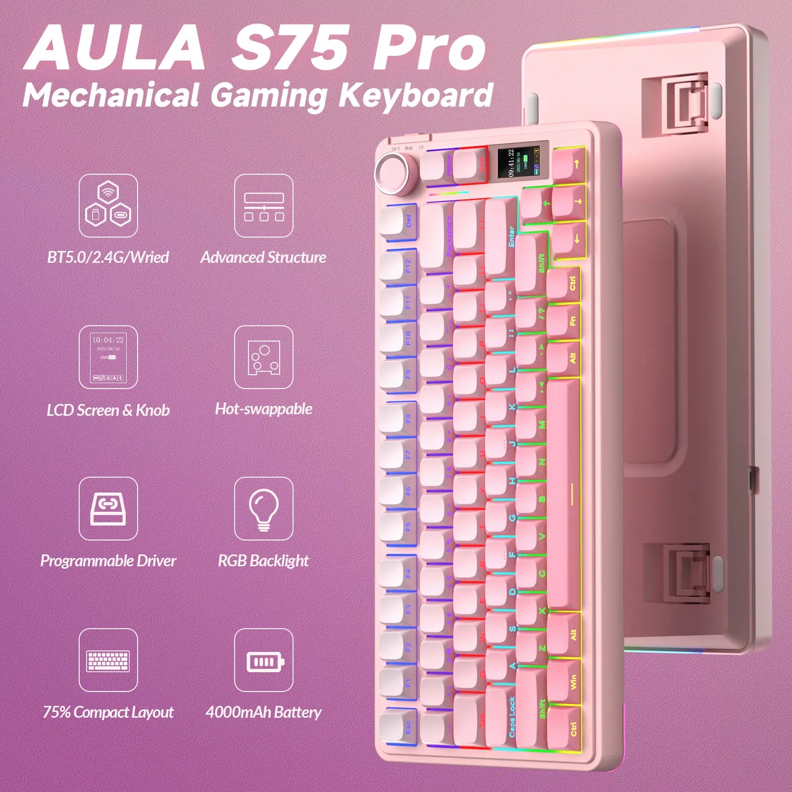 AULA S75 Pro Wireless Mechanical Gaming Keyboard with Screen Knob RGB Rainbow Backlit Tri-Mode 2.4G USB-C Bluetooth5.0 Hot Swappable Gaming Keyboard for Gamers Gaming PC Accessories Creamy Keyboard for Pc/Mac/Linux