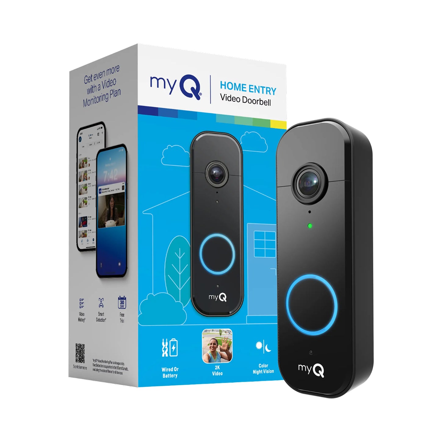 Myq Video Doorbell | 2K Camera, Battery/Wired, Color Night Vision, Live View with 2-Way Talk, Motion Detection & Real-Time Alerts, 150 Deg Wide View, Black